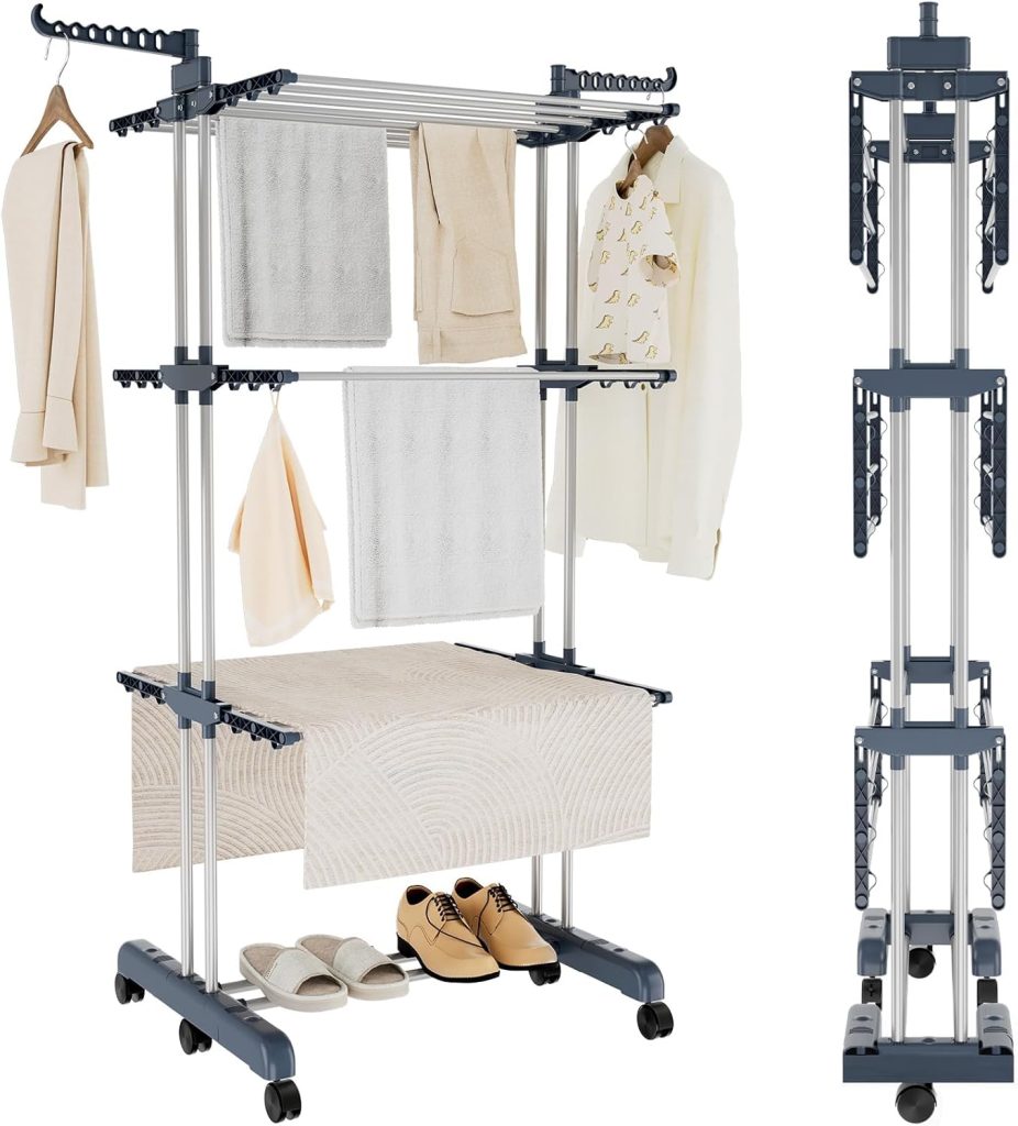Séchoir à linge à 4 niveaux amélioré, séchoir à linge pliable d'intérieur avec 18 m d'espace de séchage, cintre à linge avec 6 roulettes, grand séchoir à linge pliable à plat pour un rangement facile