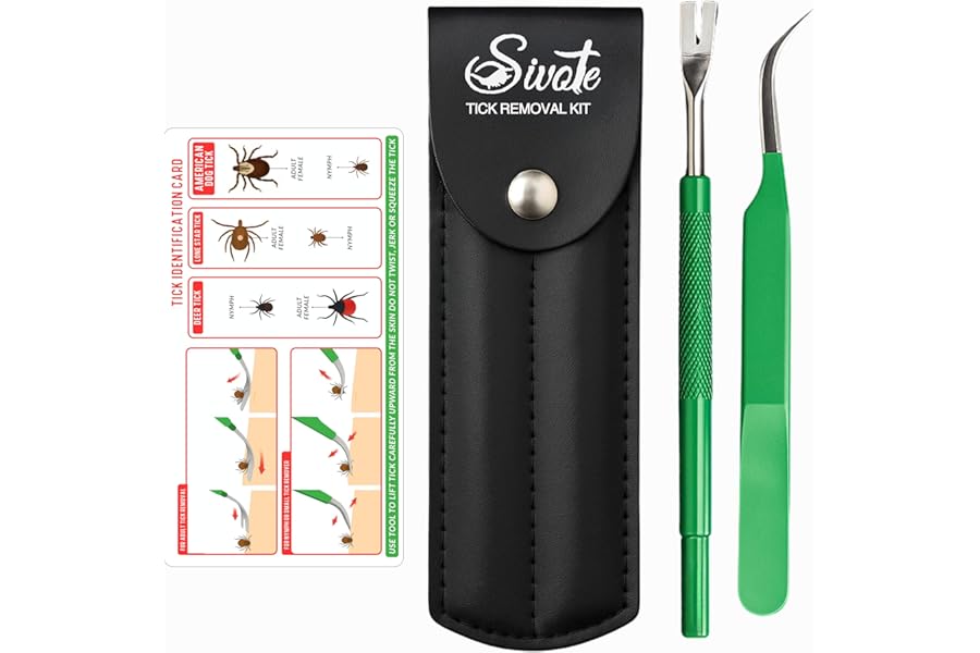 SIVOTE Premium Tick Remover Kit – Stainless Steel Tick Removal Tool & Tweezers with Leather Case and Pocket Tick Identification Card – Safe for Humans and Pets