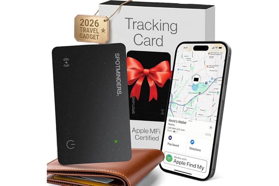SPOTMINDERS Apple MFi Certified Wallet Tracker Card for Travel - Works with Apple Find My, IP68 Waterproof Rechargeable Tracking Card for Wallet Luggage Passport Purse - Ultra Slim 0.07in Item Finder