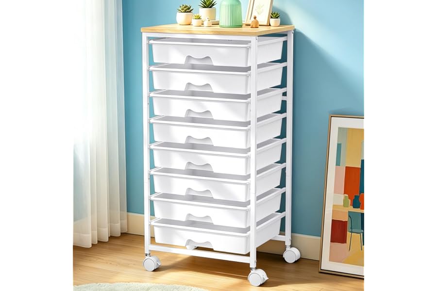 SUNALLY Rolling Cart With 8 Drawers, Storage Drawer Carts with Wooden Tabletop and 2 Lockable Wheels, 8 Tier Rolling Cart for Craft Art Supply Storage & Home Office Organization, White