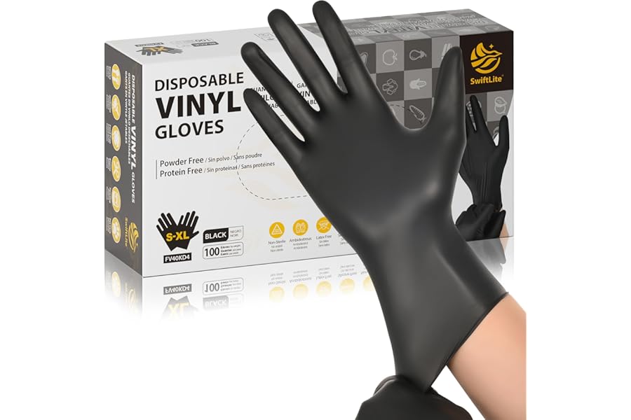 SWIFTLITE Black Vinyl Gloves, Food Grade Gloves Disposable Latex Free & Powder Free, Guantes for Cleaning Cooking Food Prep