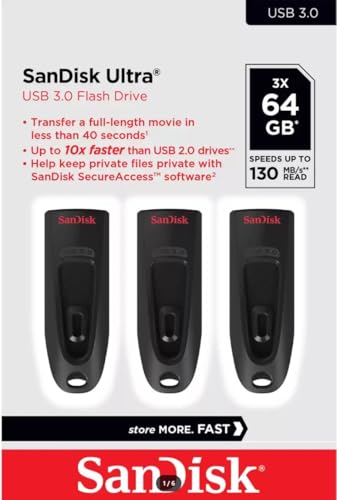 SanDisk Ultra USB 3.0-Flashdrive 64 GB Pak Van 3 (Overdrachtssnelheden Tot 130 MB/s, Draagbaar Ontwerp, 128-Bit AES-Versleuteling, SanDisk SecureAccess-Software, Beperkte Garantie Van 5 Jaar)