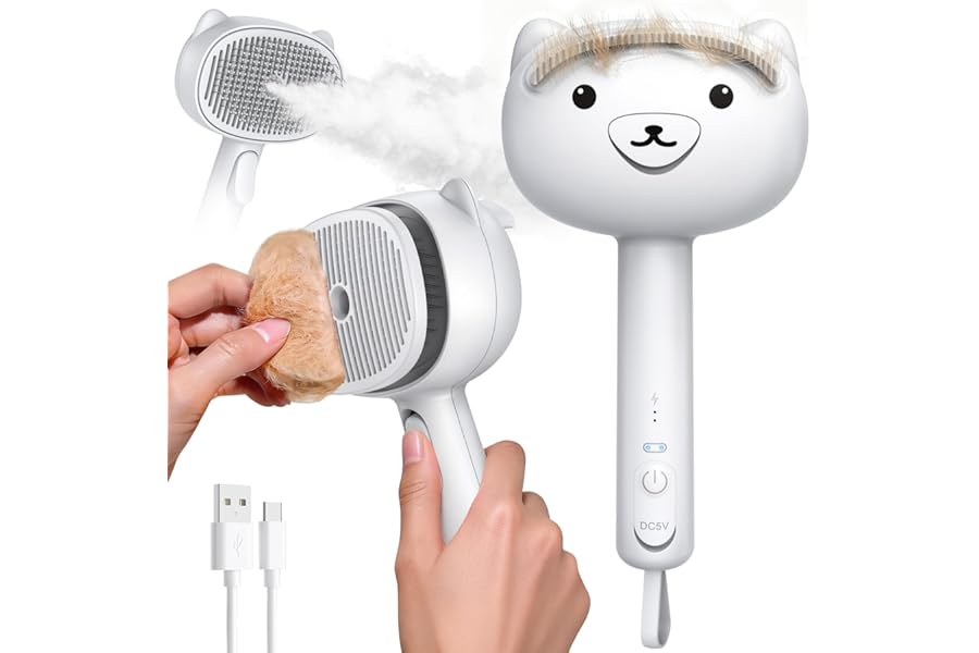 Self Cleaning Shedding Steam Cat Brush, Silicone Scraper Included Dog Brush, primecat, Cat Brushes for Shedding, USB Rechargeable, for Grooming & Haired Pets, Dogs & Cats, White