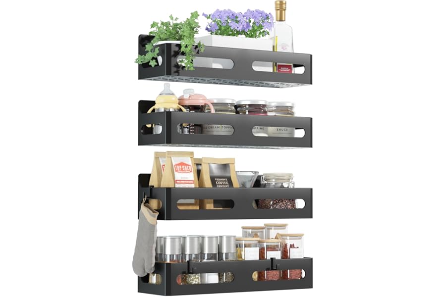 Sevenblue 4 Pack Strong Magnetic Spice Rack for Refrigerator, Multipurpose Magnetic Shelf for Fridge with 4 Hooks for Kitchen and Bathroom Organization, Black