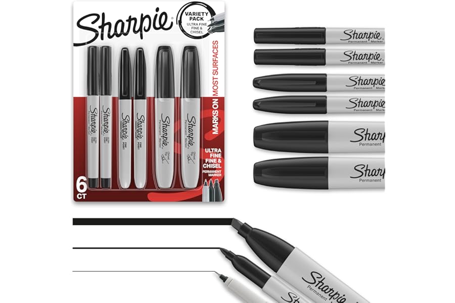 Sharpie Permanent Markers Variety Pack, Includes Chisel, Fine, and Ultra-Fine Tips, Marker Set, Writing, Coloring, Poster, Office, School Supplies, Black, 6 Count