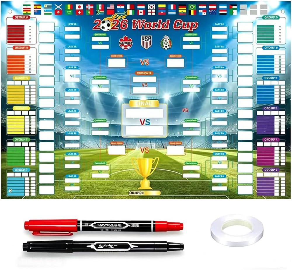 Shengou Voetbalplanner WK 2026, poster met 2 pennen, voetbalplanner, 150 x 90 cm, wereldkampioenschap 2026, poster voor decoratie, bevat 48 teams, knockout en finale alle resultaten van de wedstrijden