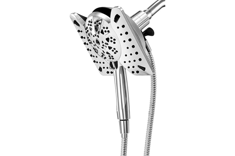 Shower Head with Handheld High Pressure, Rain Shower Head with Fixed Showerhead and 9 Sprays Handheld Shower, Detachable 2-IN-1 Shower head with 59" Rotatable Stainless Steel Hose (Chrome)