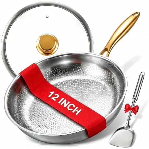 Sikiilu 12" Titanium Pans for Cooking | Food-Grade Pure Titanium Tagine Frying Pan Pro with Lid & Spatula | PFAS/PFOA/PTFE Free Nonstick Cookware | Dishwasher & Oven Safe, Kitchen Induction Compatible