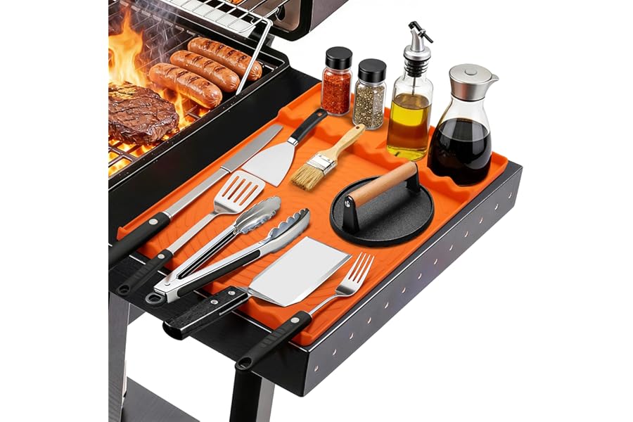 Silicone Grill Mat for Blackstone - BBQ Griddle Tools Side Mat with Drip Pad, Griddle Tools Mat for Outdoor Kitchen Countertop, BBQ Grill Accessories Gifts for Men (Orange)