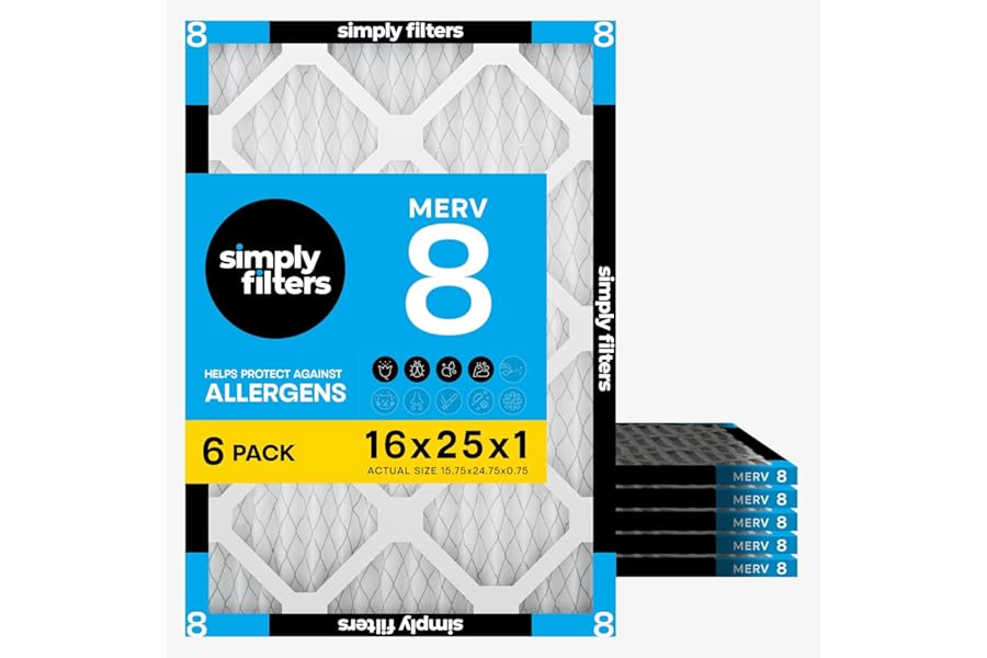 Simply 16x25x1 Air Filter, MERV 8, 6 Pack, For Home AC Furnace & HVAC (Actual Size: 15.75"x24.75"x0.75") DUST, Pet, & Allergy Control