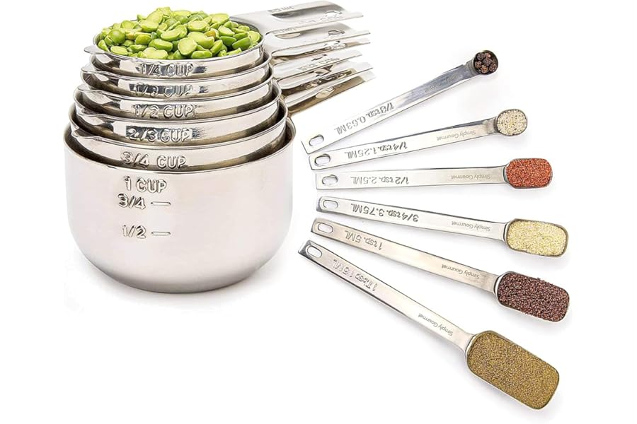 Simply Gourmet Measuring Cups and Spoons Set of 12 – 18/10 Stainless Steel Kitchen Gadgets – Stackable Design with Long Handl