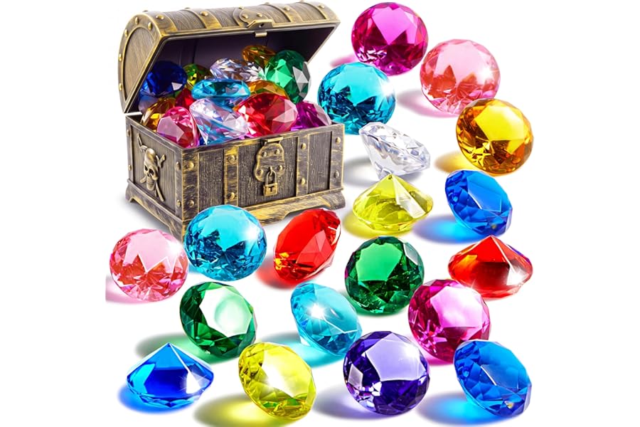 Sloosh Diving Gems Pool Toys, 16 Big Colorful Diamond with Pirate Treasure Chest,Swim Dive Toy for Kids Underwater Gemstone Swimming Training Gift Water Pool Games(Gold)
