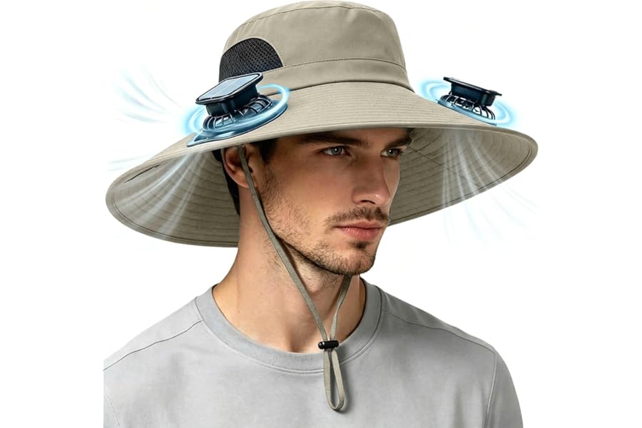 Solar Powered Fan Hat for Men Women Wide Brim Hat with 2 Fans UPF 50+ Outdoor Fishing Beach Sun Hat