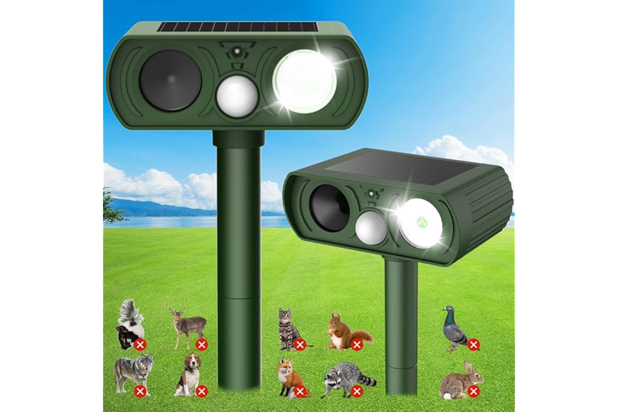 Solar Ultrasonic Animal Repellent Outdoor, Deer Repellent Devices Waterproof, Cat Squirrel Rabbit Dog Raccoon Deterrent Animal Repeller with Motion Detection, Keep Skunk Away for Yard, Green, 2 Pack