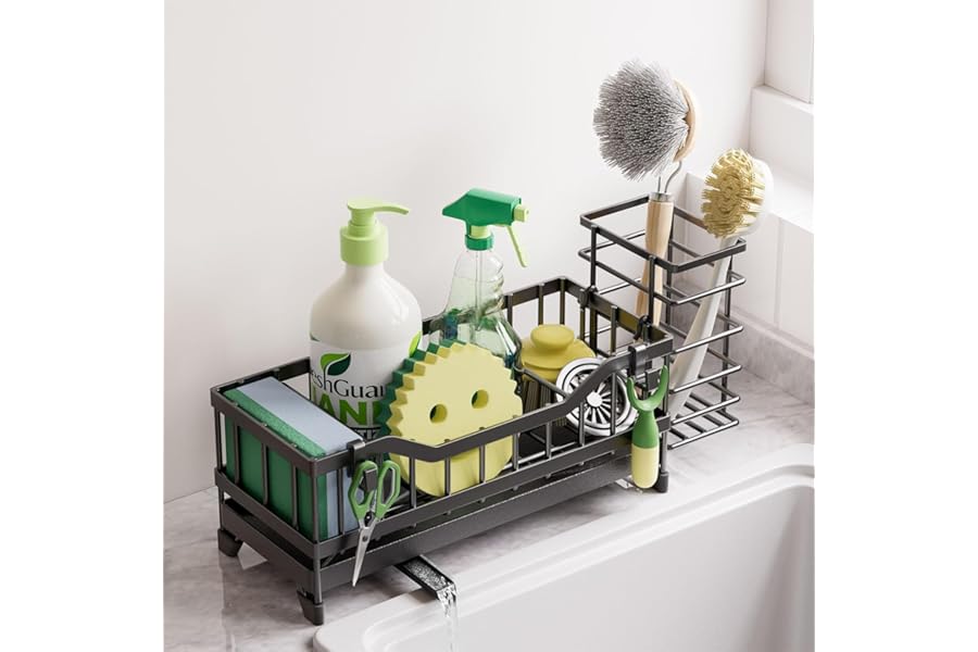 Sponge Holder for Kitchen Sink, Kitchen Sink Caddy with Long-Handled Dish Brushes Holder, 304 Rustproof Stainless Steel Countertop Organizers and Storage, Home Kitchen Sink Accessories (Black)