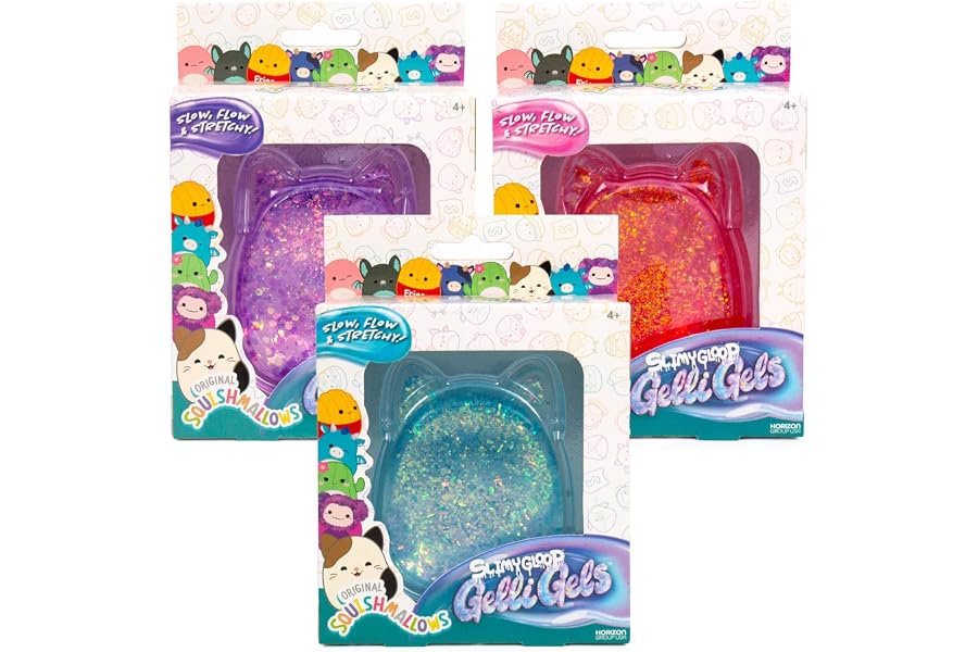 Squishmallows SLIMYGLOOP Gelli Gels 3 Pack, Slow-Flow Glitter Squishy Sensory Toy, Squeeze Stress Toy for Kids & Teens, Satisfying Sugar Squish Fidget