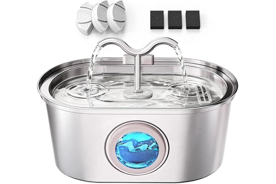 Stainless Steel Cat Water Fountain, 108oz/3.2L Pet Water Fountain for Cats Indoor, with Dual Spouts for Multiple Cats, Ultra-Quiet Automatic Dog Water Dispenser, 3 Replacement Filters Included