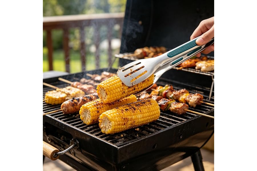 Stainless Steel Kitchen Cooking Tongs with Silicone Grip, 7 Inch Food Tongs with 3-Slot Hollow Design, Metal Cooking Tongs for BBQ, Grilling, Frying, Serving, Salad, Buffet