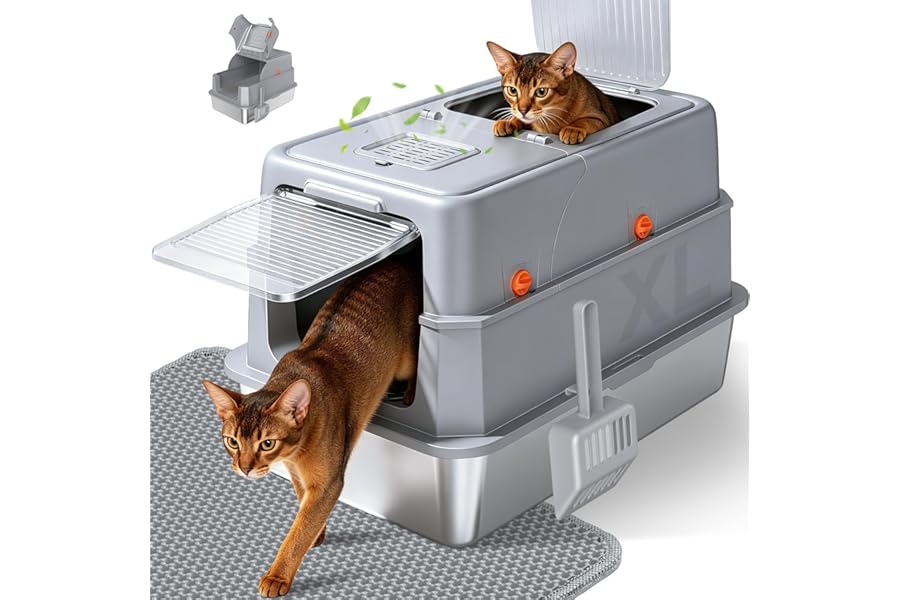 Stainless Steel Litter Box with Lid, High Sided Enclosed Metal Litter Box for Big Cats, Easy Cleaning Anti-Urine Leakage, Non-Sticky Cat Box, Front Entry Top Exit KittyBox, Includes Mat & Scoop