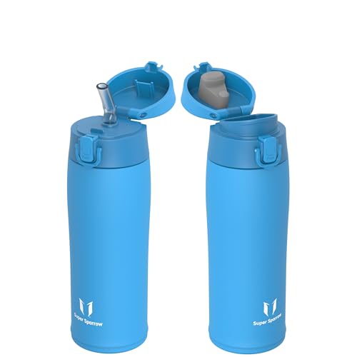 Super Sparrow Botella Agua Acero Inoxidable - Botella Termica - 500ml - Termo Sin BPA, Botella de agua para niños - Incluye 2 Tapas : con Pajita y con Boquilla