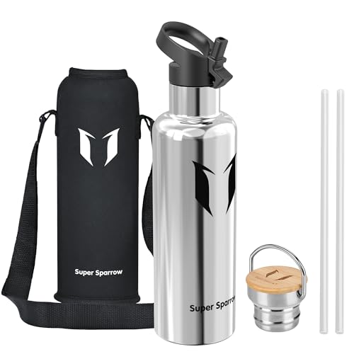 Super Sparrow Gourde Isotherme - Bouteille Isotherme - 1000ml - Gourdes Inox Bouche Standard - Gourde Enfant sans BPA, pour Sport, Gym, Voyage - Avec 2 Bouchons