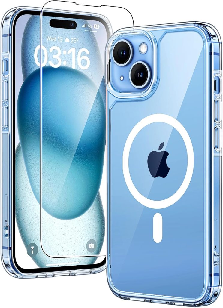TAURI Coque Magnétique pour iPhone 15 avec Protection écran, [Compatible avec MagSafe] Protection Anti-Choc Mince et Anti-Chute - Transparent