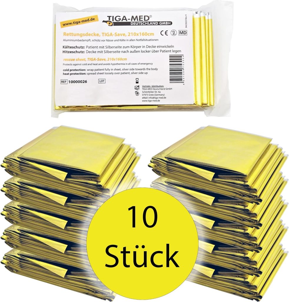 TIGA-Med 10× Couverture de Survie Thermique 210×160 cm – Set de 10 couvertures de Secours Gold/Silver | Isolation Chaleur & Froid, Urgence, Camping, Auto, CE