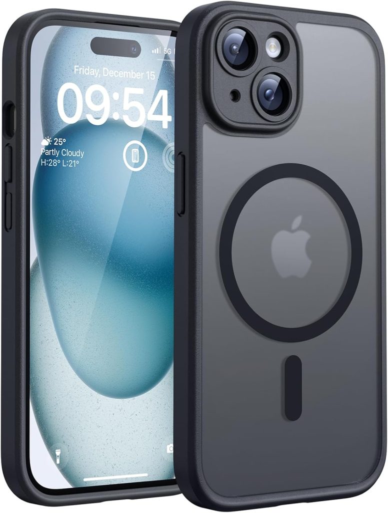 TOCOL Coque Magnétique pour iPhone 15 6,1 Pouces, Compatible avec MagSafe, Protection de l'objectif améliorée, Coque Mat Translucide Fine Antichoc, Noir