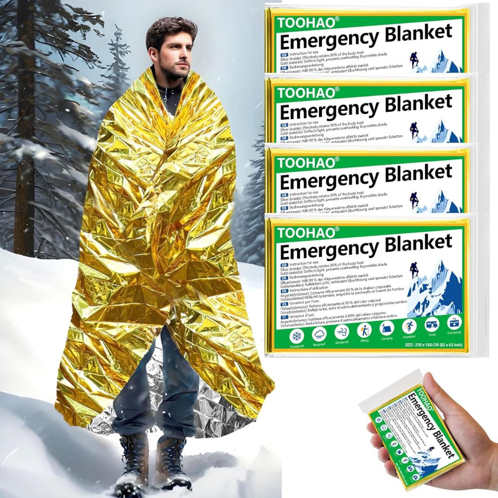 TOOHAO Couverture de Survie Reutilisable 4 Pièces, pour Randonnée Survie Premiers Secours Marathons Voiture, Robuste Indéchirable Imperméable - Or Argent