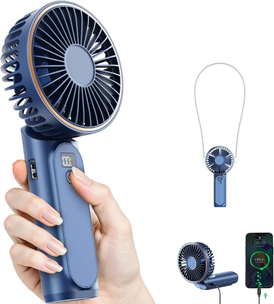 TUNISE Ventilateur Portable à Main, Mini Ventilateur Pliable 180°, 6 Vitesses, Affichage LCD, Ultra Silencieux, 4000mAh, Format de Poche, Pour Intérieur Extérieur, Avec Lanière