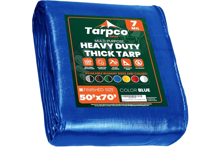 Tarpco Safety Heavy Duty 7 Mil Tarp Cover, Waterproof, UV Resistant, Rip and Tear Proof, Poly Tarpaulin with Reinforced Edges for Roof, Camping, Patio, Pool Cover, Boat (Blue 50′ X 70′)