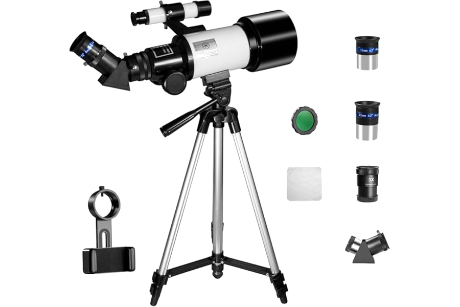 Telescope, 70mm Aperture 300mm Refractor Telescope with Phone Adapter, 3X Barlow Lens, Finder Scope, Moon Filter, Adjustable Aluminum Tripod, Portable Astronomy Telescope for Beginners