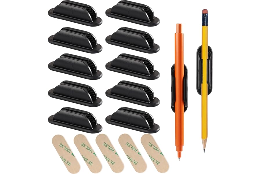 Tiizze 10 Pack Adhesive Pencil Holder for Desk, Silicone Pen Holder for Wall, Clipboard & Laptop with 15 Upgraded Sticky Pads, Rugged Grip Pencil Holders for Classroom Teacher Essentials (Black)