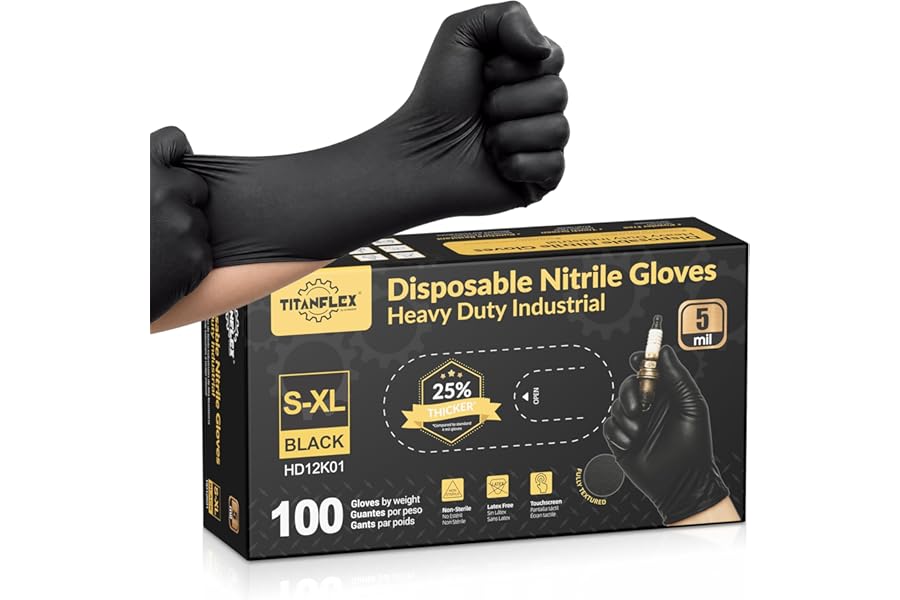 TitanFlex Black Nitrile Disposable Gloves, 5 Mil, Fully Textured, Heavy Duty Industrial Gloves, Latex Free & Powder Free