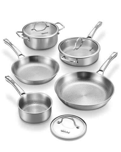 Titanium Pans for Cooking | 8 Pcs Titanium Hammered Pro frying au gratin pan with Lid | Non-Toxic Skillet | PFAS/PFOA/PTFE Free Cookware | Dishwasher&Oven Safe | Kitchen Induction Compatible