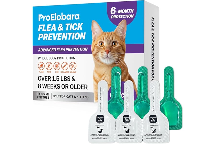 Topical Flea and Tick for Cats & Kittens: Waterproof Topical Cat Flea and Tick – Fast-Acting & Long - Lasting at Home Control for Cats Over 1.5 lbs and 8 Weeks or Older – 6-Dose Supply