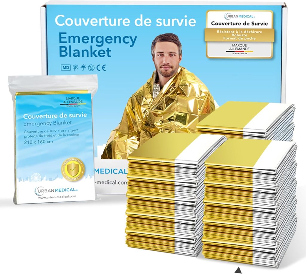 URBAN MEDICAL Couverture de Survie Premium - 5 Pièces Or/Argent - Protection du Froid et de la Chaleur - Grandes Couvertures Premiers Secours pour Randonnée et Urgences - 210 x 160 cm