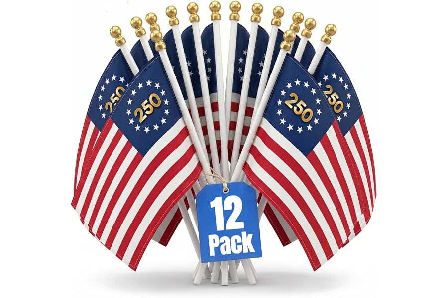 USA 250 Anniversary Betsy Ross Hand Flag 5x8 Inch (12 Pack) – American 13 Star Circle Patriotic Mini Stick Flags 29cm with Pl