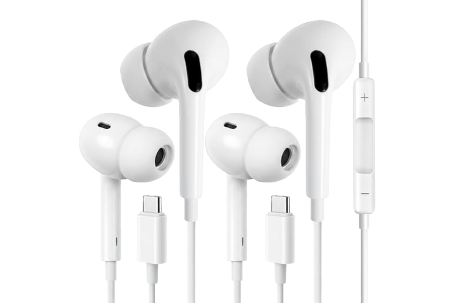 USB C Headphones for iPhone 17 16 Pro Max 16e 16 Plus 16Pro 15 Pro Max 15 Plus 15Pro, USBC Earbuds in-Ear Earphones Wired Type C Ear Buds with Mic Volume Control HiFi Stereo Noise Cancelling - 2Pack