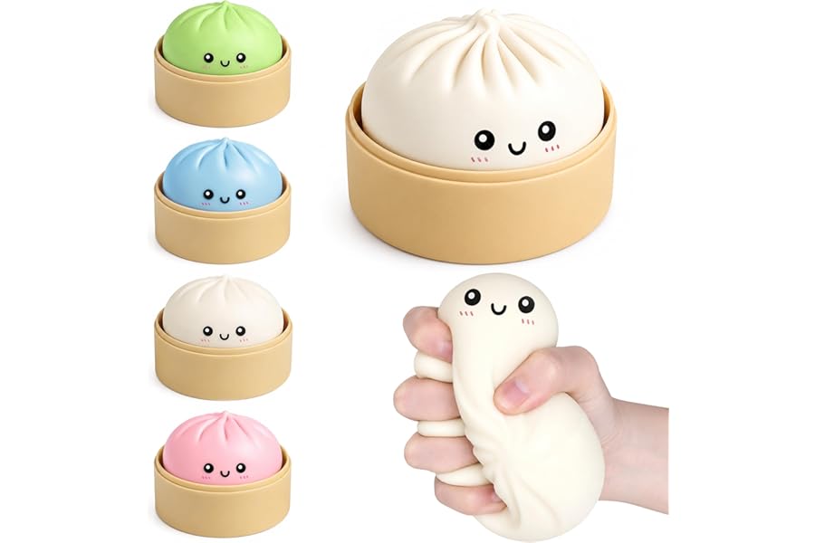 Upgraded Mystery Dumpling Squishies with Box - Crazy Fun Bao Bun Stress Ball - Sensory Food Squeeze Toys for Stress Relief - Textured Squeeze Fidget Toy for Birthday Gifts / Party Favors (White)