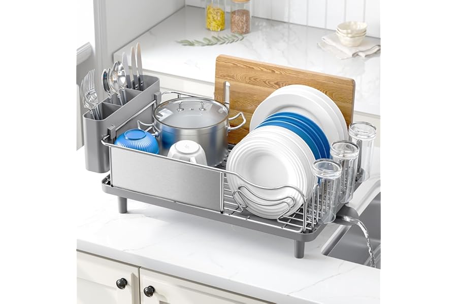 Urackify Stainless Steel Dish Drying Rack - Large Capacity Kitchen Counter Organizer with Drain Board, Utensil Holder & Detac