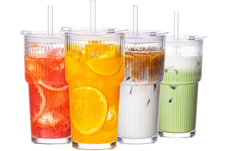 VA1KENE Glass Cups with Lids and Straws 4 Pack, 20oz Ribbed Glass Cups, Leak Resistant Iced Coffee Tumblers, Thick Reusable Drinking Glasses, Fits Car Cup Holder, Clear Coffee Bar Accessories