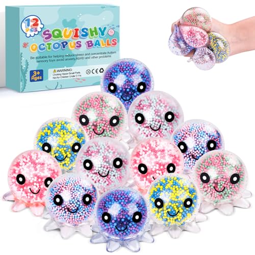 VESPRO 12 Pack Fidget Stress Balls for Adults, Cute Octopus Stress Sensory Stress Ball, Bulk Squishy Squeeze Ball Toys Set for Classroom Prizes and Birthday Party Favors