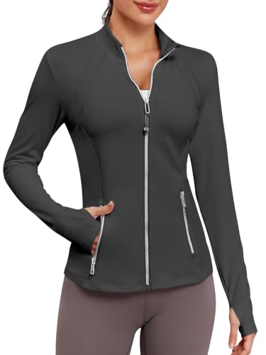 VUTRU Women Athletic Jacket Crop Sliver Zip Up Coat Travel Clothes with Thumb Holes for Gym Yoga Running Workout Grey S