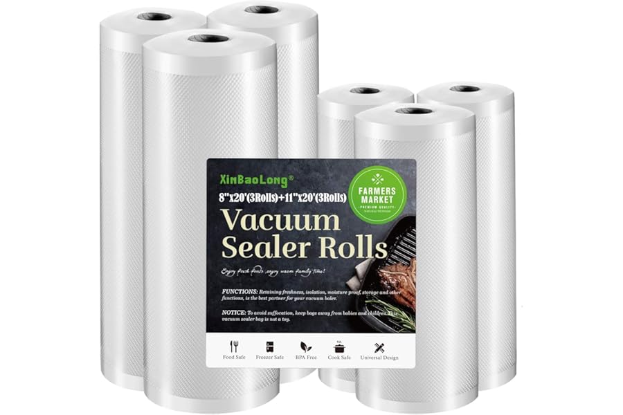 Vacuum Sealer Bags For Food: 6 Pack 3 Rolls 11" x 20' + 3 Rolls 8" x 20'-Commercial Grade BPA Free Bag Rolls- Freezer Bags Du