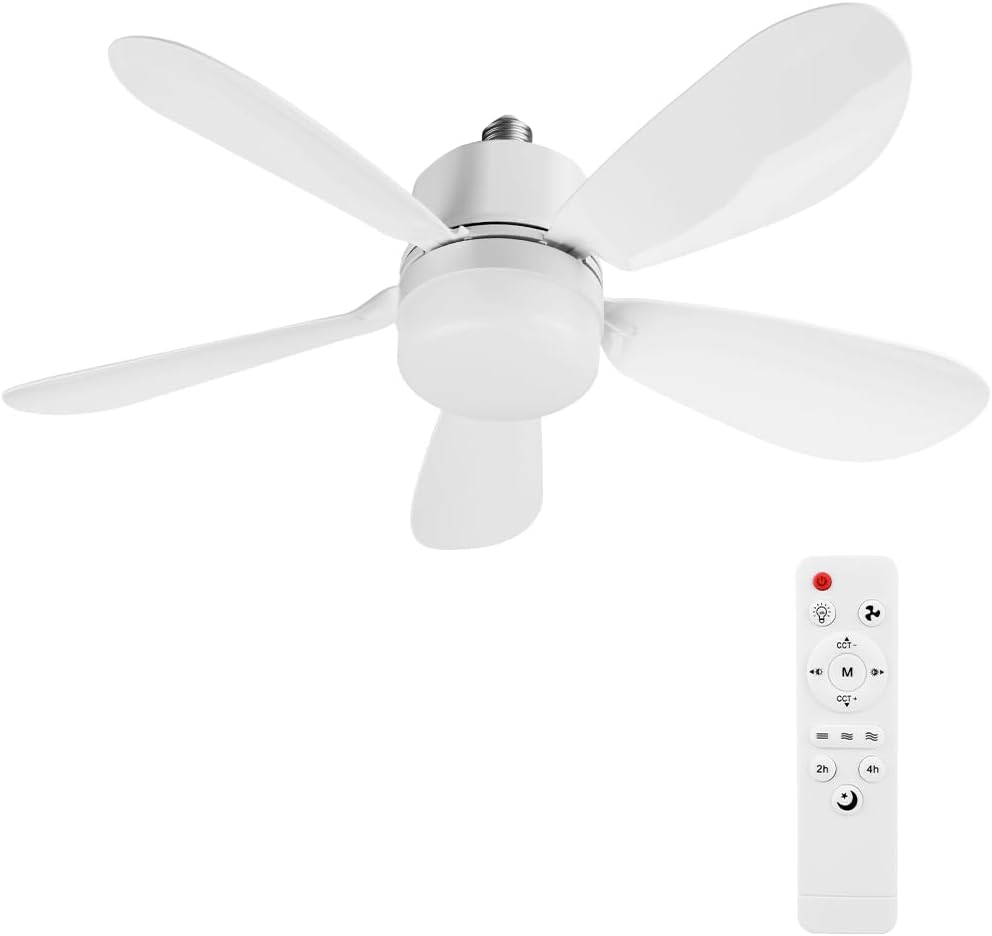 Ventilateur de Plafond avec Lumière et Telecommande, E27/E26 Lampe de Ventilateur LED Dimmable Plafonnier Timing, 5 Pales, Silencieux, 3 Vitesses, pour Salon, Bureau, Dortoir, Chambre (Blanc 52cm)