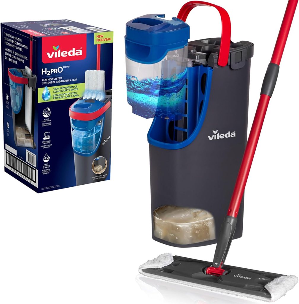 Vileda - H2pro Balai Plat - Système Innovant à Double Réservoir Distinct - Balai Plat avec Recharge Microfibre - Sépare l'Eau Propre et Sale pour une Hygiène Impeccable - Design Ergonomique