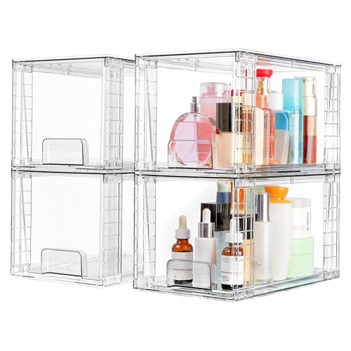 Vtopmart 4 Pack Large Stackable Storage Drawers,Easily Assemble Acrylic Bathroom Closet Undersink Organizers and Storage,Plastic Bins for Kitchen Cabinets,Pantry,Makeup,Medicine Organization
