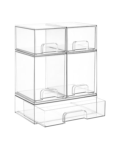 Vtopmart Stackable Storage Drawers Set of 5, Clear Plastic Organizer Bins for Baby Bottle, Beauty Supplies Storage, Ideal for Kichen Countertop, Vanity, Bathroom, Cabinet, Pantry Organization