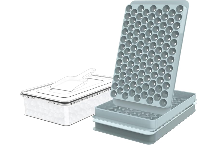 WIBIMEN Mini Ice Cube Trays, 0.55” Tiny Pebble Ice for Iced Coffee & Cocktails, Fast Chill, Easy Twist Release, Stackable with Lid & Storage Bin (2 Pack, Blue)